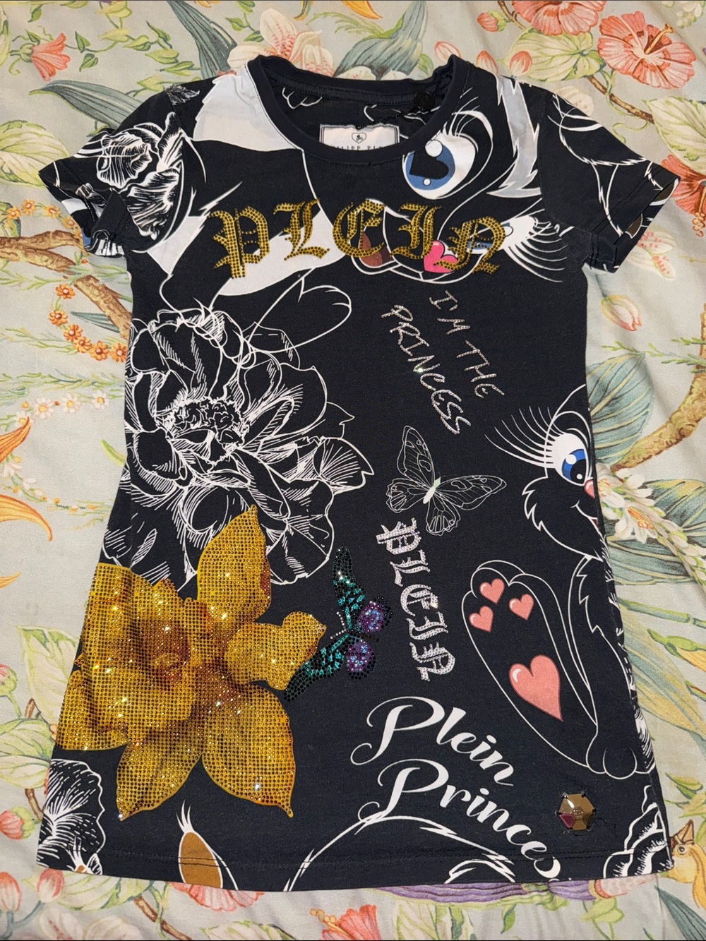Philipp Plein Black Graphic Sequin Floral Dress with Gold Accent